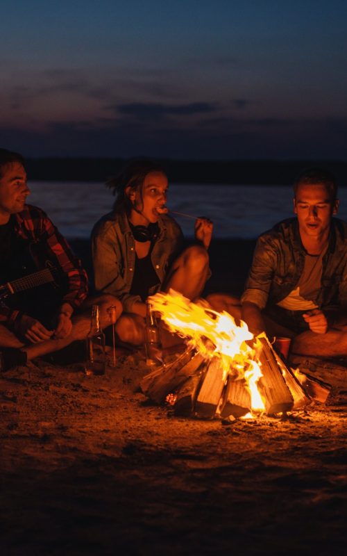 young friends have picnic with bonfire on the beach